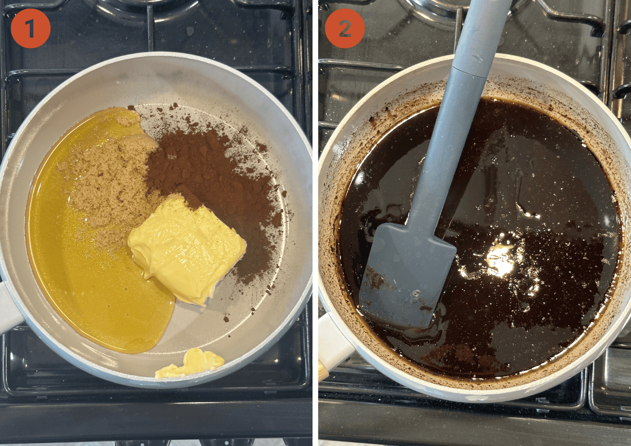 Melting the base of the chocolate tiffin recipe in a pan.