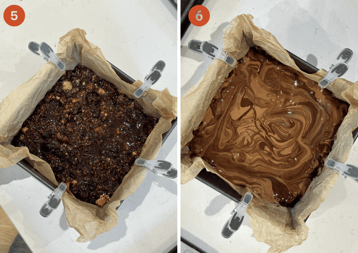 Topping the tiffin with melted chocolate by marbling milk and dark chocolate together.