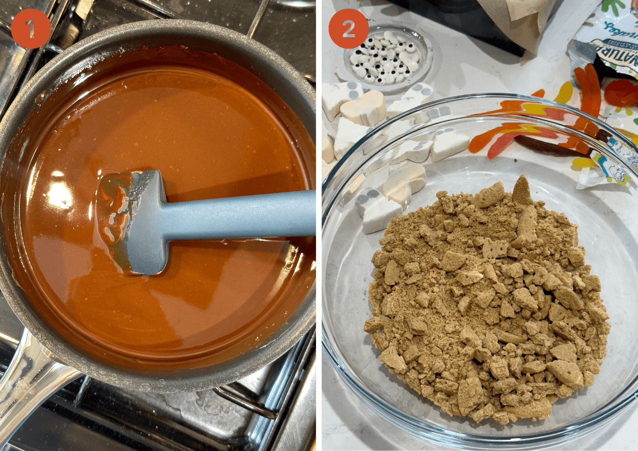 Melting chocolate in a pan and a bowl of crushed biscuits.