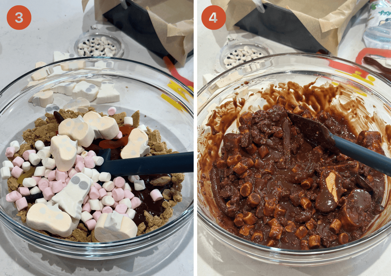 Mixing together the ingredients for Halloween rocky road.