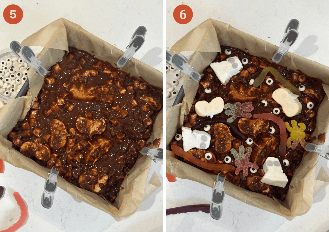 The Halloween rocky road in a tin before and after decorating with Halloween candy.