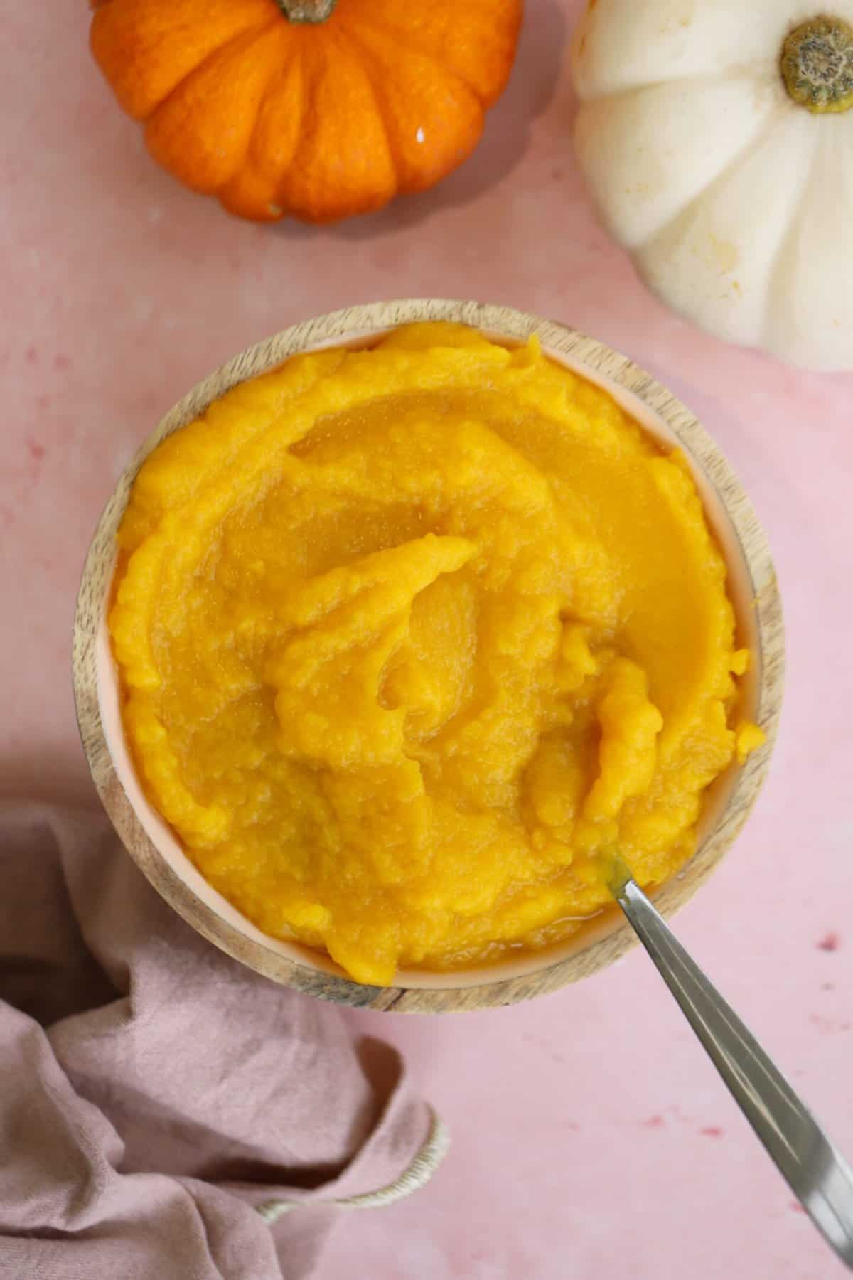 A bowl of homemade pumpkin puree.