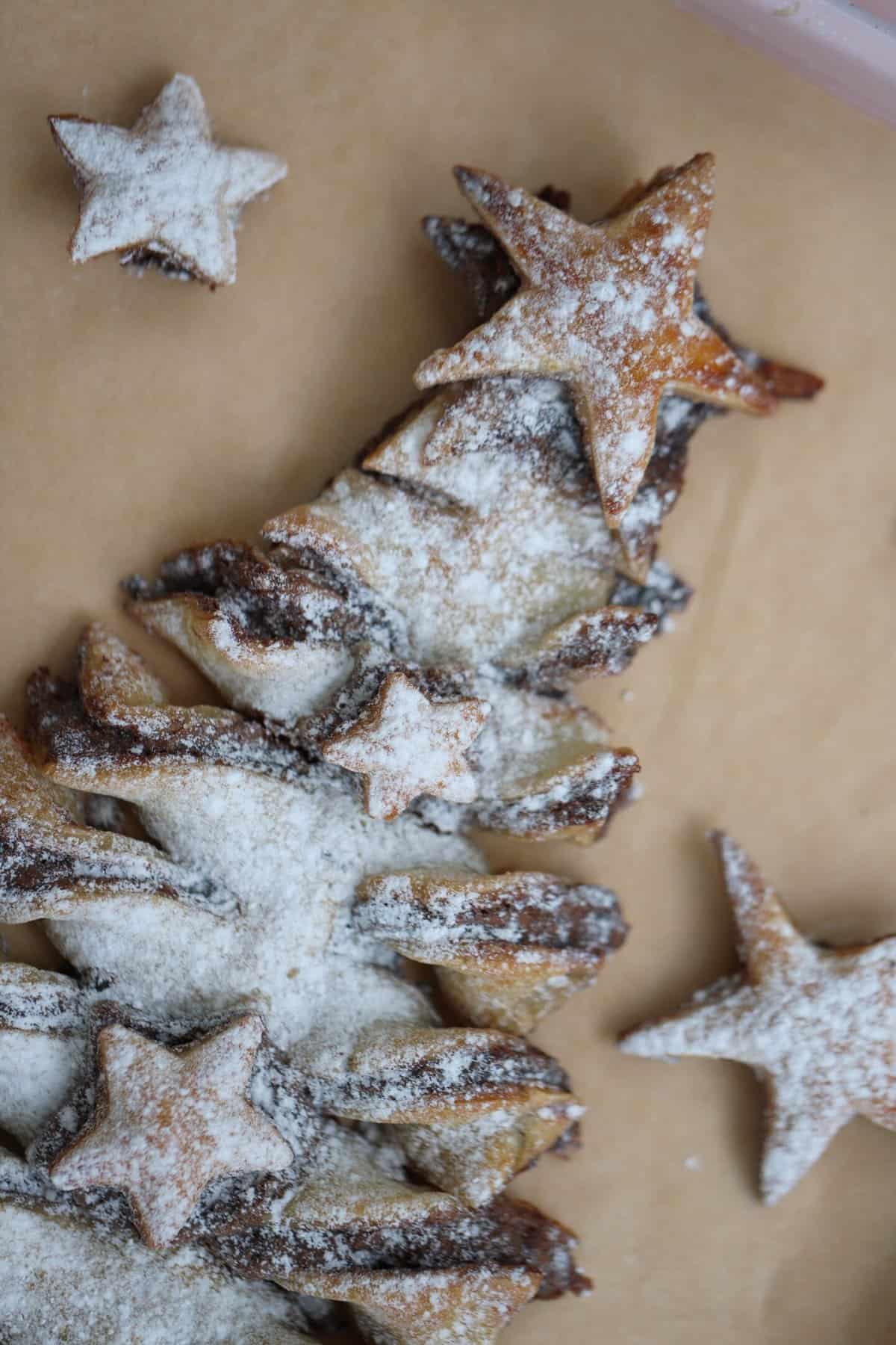 Close up of a Nutella puff pastry Christmas tree.